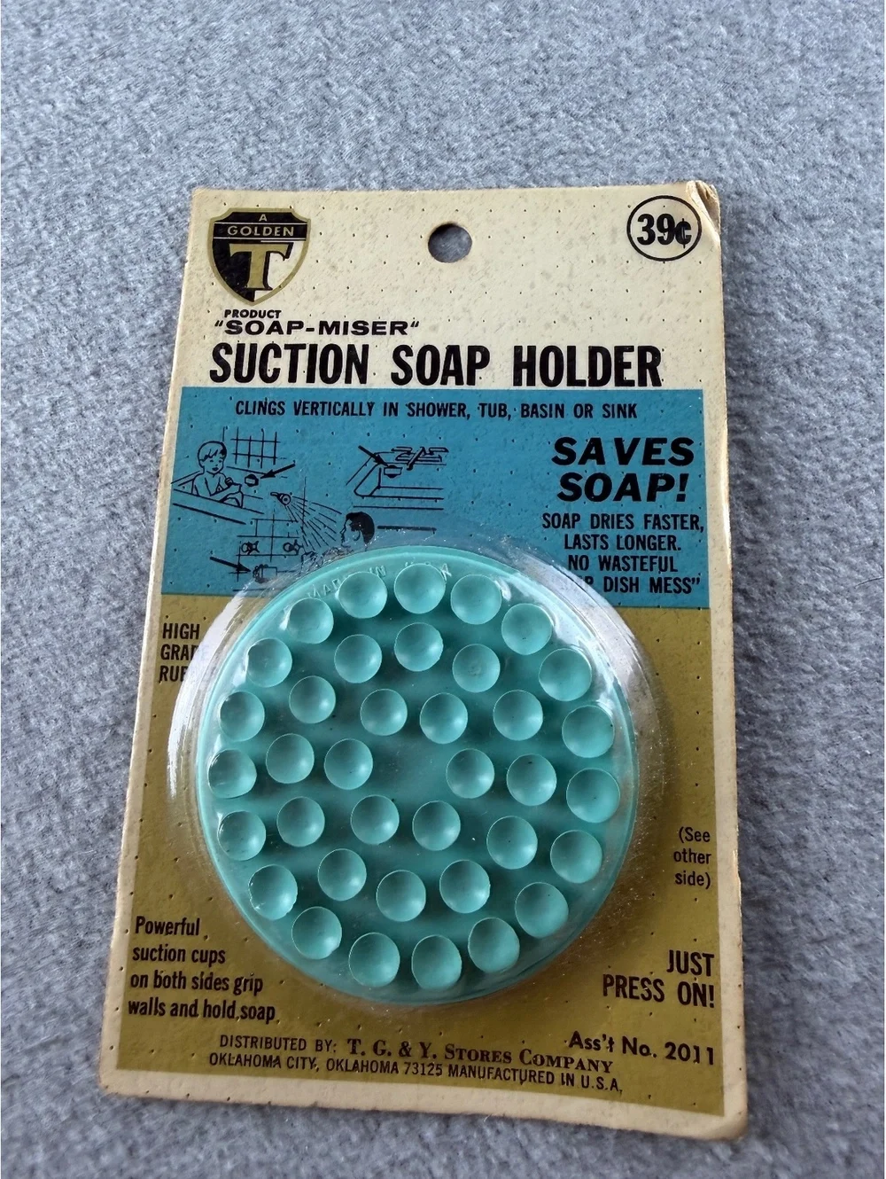 Vintage TG&Y Golden T Soap Miser Suction Soap Holder NOS 39¢ Aqua MCM